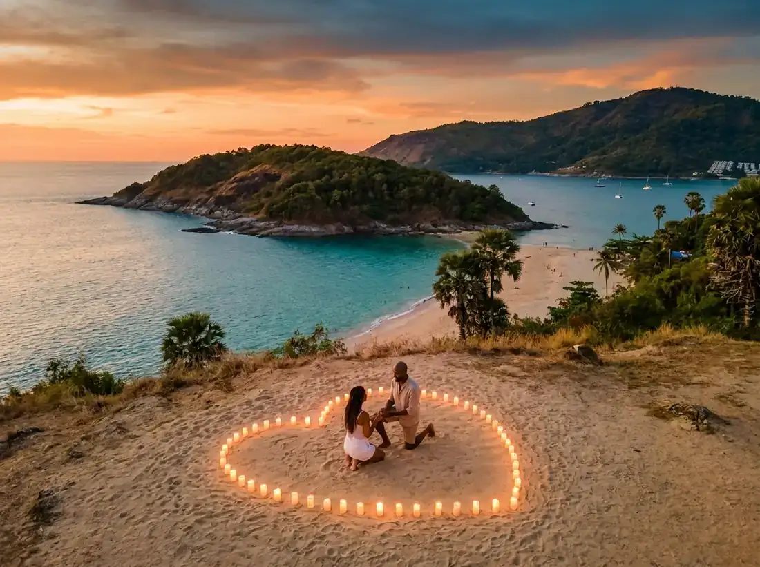 Aerial view of Promthep Cape, Phuket, Thailand for a couple sunset beach proposal candle heart Andaman sea